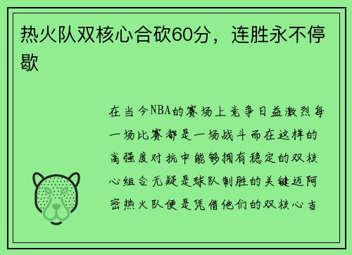 热火队双核心合砍60分，连胜永不停歇